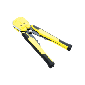 pinza multifuncional pelacables, con terminal de pestaña, prensado automático de color amarillo.