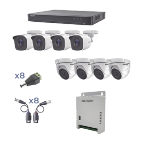 kit turbohd 1080p / dvr 8 canales / 4 cámaras bala (exterior 2.8 mm) / 4 cámaras eyeball (exterior 2.8 mm) / transceptores / conectores / fuente de poder profesional hasta 15 vcc para largas distancias