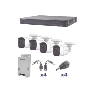 kit turbohd 1080p / dvr 4 canales / 4 cámaras bala policarbonato con audio integrado (exterior 2.8 mm) / transceptores / conectores / fuente de poder profesional