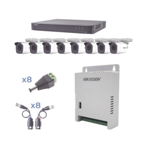 kit turbohd 1080p / dvr 8 canales / 8 cámaras bala (exterior 2.8 mm) / transceptores / conectores / fuente de poder profesional hasta 15 vcc para larga distancias