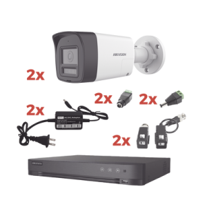 kit audio bidireccional turbohd 1080p / dvr 4 canales / 2 cámaras bala (exterior) con bocina y microfóno integrado / 2 fuentes de poder / accesorios