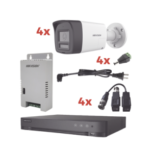 kit audio bidireccional turbohd 1080p / dvr 4 canales / 4 cámaras bala (exterior) con bocina y microfóno integrado / 1 fuente de poder / accesorios