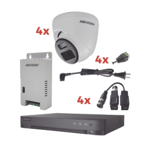 kit audio bidireccional turbohd 1080p / dvr 4 canales / 4 cámaras eyeball (exterior) con bocina y microfóno integrado / 1 fuente de poder / accesorios