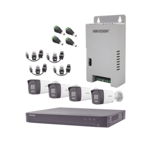 kit audio bidireccional turbohd 4k 3k / dvr 4 canales 4k / 4 cámaras bala (exterior) con bocina y microfóno integrado 3k / 1 fuentes de poder / accesorios