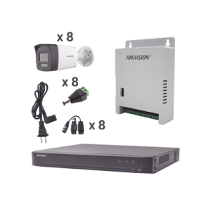 kit audio bidireccional turbohd 4k 3k / dvr 8 canales 4k / 8 cámaras bala (exterior) con bocina y microfóno integrado 3k / 1 fuentes de poder / accesorios