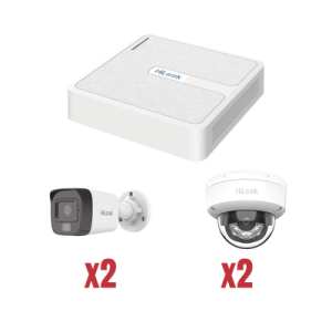 kit ip 1080p (2 megapixel) / nvr de 4 canales con 4 puertos poe / 2 cámaras ip bala para exterior con microfono y dual light / 2 cámaras ip domo para exterior