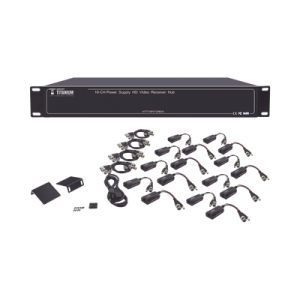kit de transceptor activo de 16 canales / video+poder en un solo cable utp / 150m en 4k, 200m en 5 mp/ envía 36 vcc y recibe 12 vcc / todo incluido para rack / compatible con cámaras hd tvi/cvi/ahd/cvbs / instalación limpia