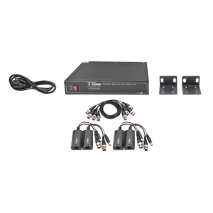 kit de 4 canales de para transmisión de alimentacion ( de 36 vcc a 12vcc ) y video (hd tvi) a distancias de hasta 250 mts.