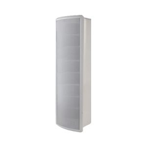 altavoz tipo columna para exterior, configurable a 40, 20, 10 o 5 watts, color blanco, fabricado en aluminio