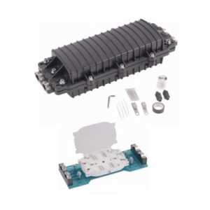 caja de distribución de fibra Óptica horizontal, hasta 96 empalmes, exterior ip68, 2 puertos de entrada y salida