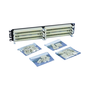 kit panel de conexión con 2 bases de 100 pares, categoría 5e, incluye 40 bloques de conexión de 5 pares y etiquetas, 19in, 2 ur