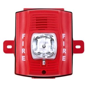 sirena con lámpara estroboscópica / para exterior / a 2 hilos / montaje en pared / 12 o 24 vcd / configuración estroboscópica seleccionable / texto en inglés / incluye caja de montaje / color rojo