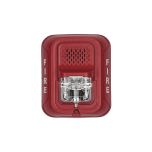 sirena con lámpara estroboscópica / a 2 hilos / montaje en pared / 12 o 24 vcd / configuración estroboscópica seleccionable / texto en inglés / color rojo