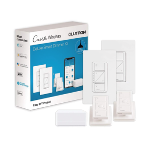 (caseta wireless) kit hub controlador, 2 atenuadores, 2 controles remotos, 2 base mesa y 2 tapas.