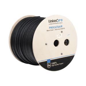 bobina de cable ftp con mensajero de acero de 305 m cat6+ calibre 23, color negro, para aplicaciones en video vigilancia y redes de datos / uso en intemperie y aplicaciones aéreas