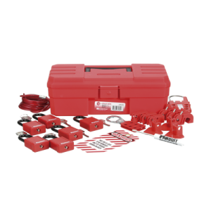 kit de bloqueo loto para contratistas con componentes (color rojo).