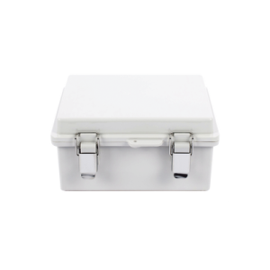 gabinete de plástico abs, uso en intemperie ip66 (170 x 220 x 110 mm) cierre por broche inoxidable y permite cerrado con candado y llave (perno 5mm) no incluido