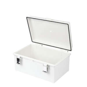 gabinete de plástico abs, uso en intemperie ip66 (190 x 290 x 140 mm) cierre por broche inoxidable y permite cerrado con candado y llave (perno 5mm) no incluido
