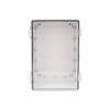 gabinete plástico abs, puerta transparente, uso en intemperie ip66 (190 x 290 x 140 mm) cierre por broche inoxidable y permite cerrado con candado y llave (perno 5mm) no incluido