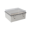 gabinete plástico abs, puerta transparente, uso en intemperie ip66 (190 x 290 x 140 mm) cierre por broche inoxidable y permite cerrado con candado y llave (perno 5mm) no incluido