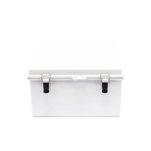 gabinete de plástico abs, uso en intemperie ip66 (300 x 300 x 180 mm) cierre por broche inoxidable y permite cerrado con candado y llave (perno 5mm) no incluido