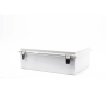 gabinete de plástico abs, uso en intemperie ip66 (350 x 460 x 160 mm) cierre por broche inoxidable y permite cerrado con candado y llave (perno 5mm) no incluido