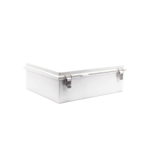 gabinete de plástico abs, uso en intemperie ip66 (350 x 460 x 160 mm) cierre por broche inoxidable y permite cerrado con candado y llave (perno 5mm) no incluido