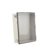 gabinete plástico abs, puerta transparente, uso en intemperie (350 x 460 x 160 mm) cierre por broches inoxidables y permite cerrado con candado y llave (perno 5mm) no incluido