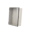 gabinete plástico abs, puerta transparente, uso en intemperie (350 x 460 x 160 mm) cierre por broches inoxidables y permite cerrado con candado y llave (perno 5mm) no incluido