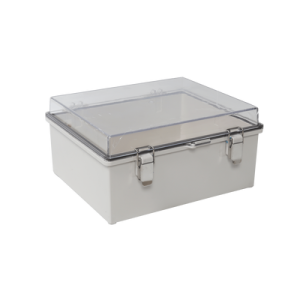 gabinete plástico abs, puerta transparente, uso en intemperie (350 x 460 x 160 mm) cierre por broches inoxidables y permite cerrado con candado y llave (perno 5mm) no incluido