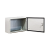 gabinete de acero ip66 uso en intemperie (400 x 300 x 300 mm) con placa trasera interior metálica y compuerta inferior atornillable (incluye chapa y llave t). ideal para centros de carga y tableros de control.