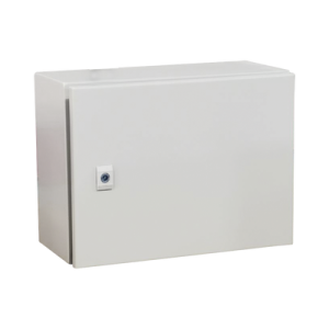 gabinete de acero ip66 uso en intemperie (400 x 300 x 300 mm) con placa trasera interior metálica y compuerta inferior atornillable (incluye chapa y llave t). ideal para centros de carga y tableros de control.