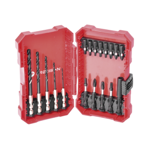 juego de 18 puntas y brocas para taladro, con entrada hexagonal de 1/4", incluye estuche.