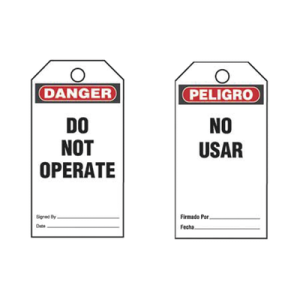 paquete de 25 etiquetas de seguridad, con texto "peligro, no usar", de 76 x 146 mm, color negro sobre blanco