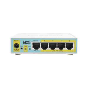(hex poe lite) routerboard, 5 puertos fast ethernet, 4 con poe pasivo, 1 puerto usb