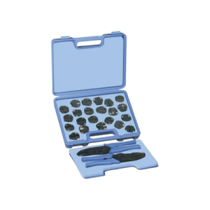 kit en estuche de plástico con 17 muelas, 10 para instalar en cable coaxial y 7 para terminales, incluye 2 pinzas rfa 4005 20.