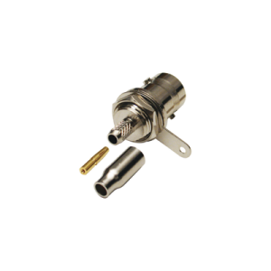 conector bnc hembra a 50 ohm, montaje frontal en d plano, anillo plegable para cables rg 174/u y rg 316/u, niquel/ oro/ teflón.