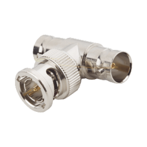 adaptador en t para 50 ohm de bnc macho a doble bnc hembra, maquinado, níquel/ oro/ teflón.
