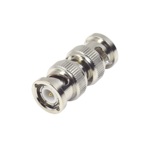 adaptador en línea tipo barril para 50 ohm, de conector bnc macho a bnc macho, níquel/ oro/ teflón.