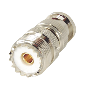 adaptador en linea para 50 ohm, conector bnc macho uhf hembra (so 239), níquel/ oro/ delrin.