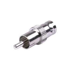 adaptador de bnc hembra a rca macho en 50 ohm para fono, uso en aplicaciones de audio video, níquel/ plata/ delrin.