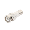 adaptador en linea para video, de conector bnc macho a f hembra, 50 ohm, níquel/oro/teflón.