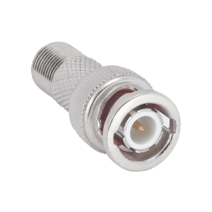adaptador en linea para video, de conector bnc macho a f hembra, 50 ohm, níquel/oro/teflón.