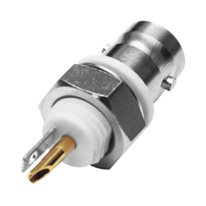conector bnc hembra aislado para montaje en panel frontal en d plano, soldable para grupo i, níquel/ oro/ teflón.
