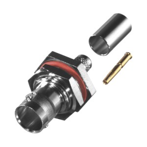 conector bnc hembra para chasis en d plano con aro de goma, anillo plegable para rg 59/u, grupo d, 75 ohm, níquel/ oro/ delrin