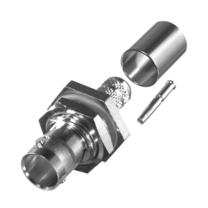 conector bnc hembra para chasis en d plano con aro de goma, anillo plegable para rg 6/u y grupo q, 75 ohm, níquel/ oro/ teflón.