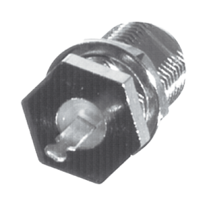 conector f hembra para panel en doble d plano, borde hexagonal, terminal soldable níquel/ estaño/ polipropileno.