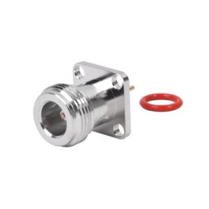 conector n hembra de montaje de panel con 4 perforaciones a 12.7 mm, soldable.