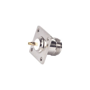 conector n hembra para montaje en panel, 4 perforaciones a 18 mm, pin largo, plata/ oro/ teflón.