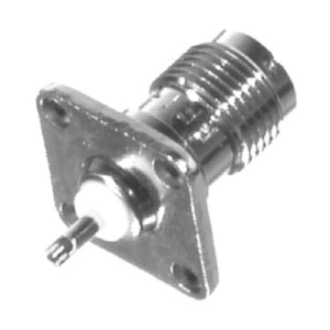 conector tnc hembra para chasis de 4 perforaciones de 13 mm, contacto berilio cobre soldable, níquel/ oro/ teflón.